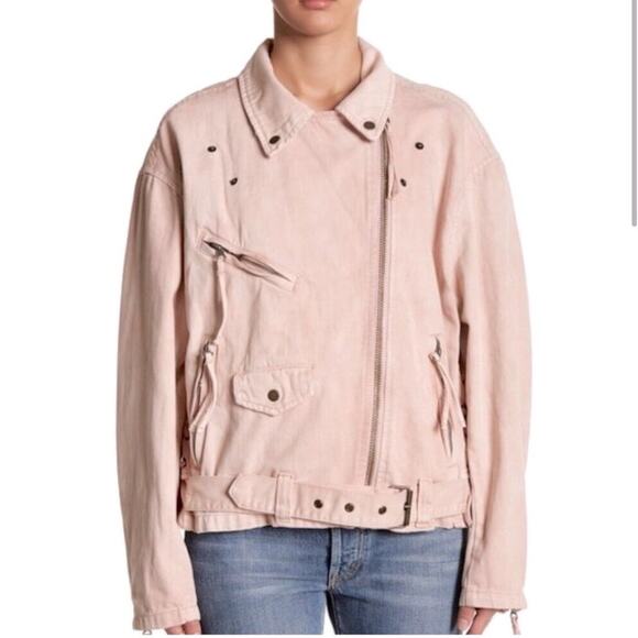 Women Reworked blush denim Custom Free People Motto jacket gold brass tone studs - Picture 5 of 16